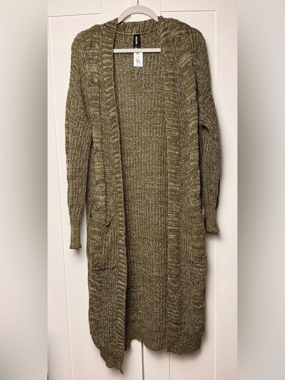 Agnes & Dora Long Open-Front Cardigan in Olive Green
